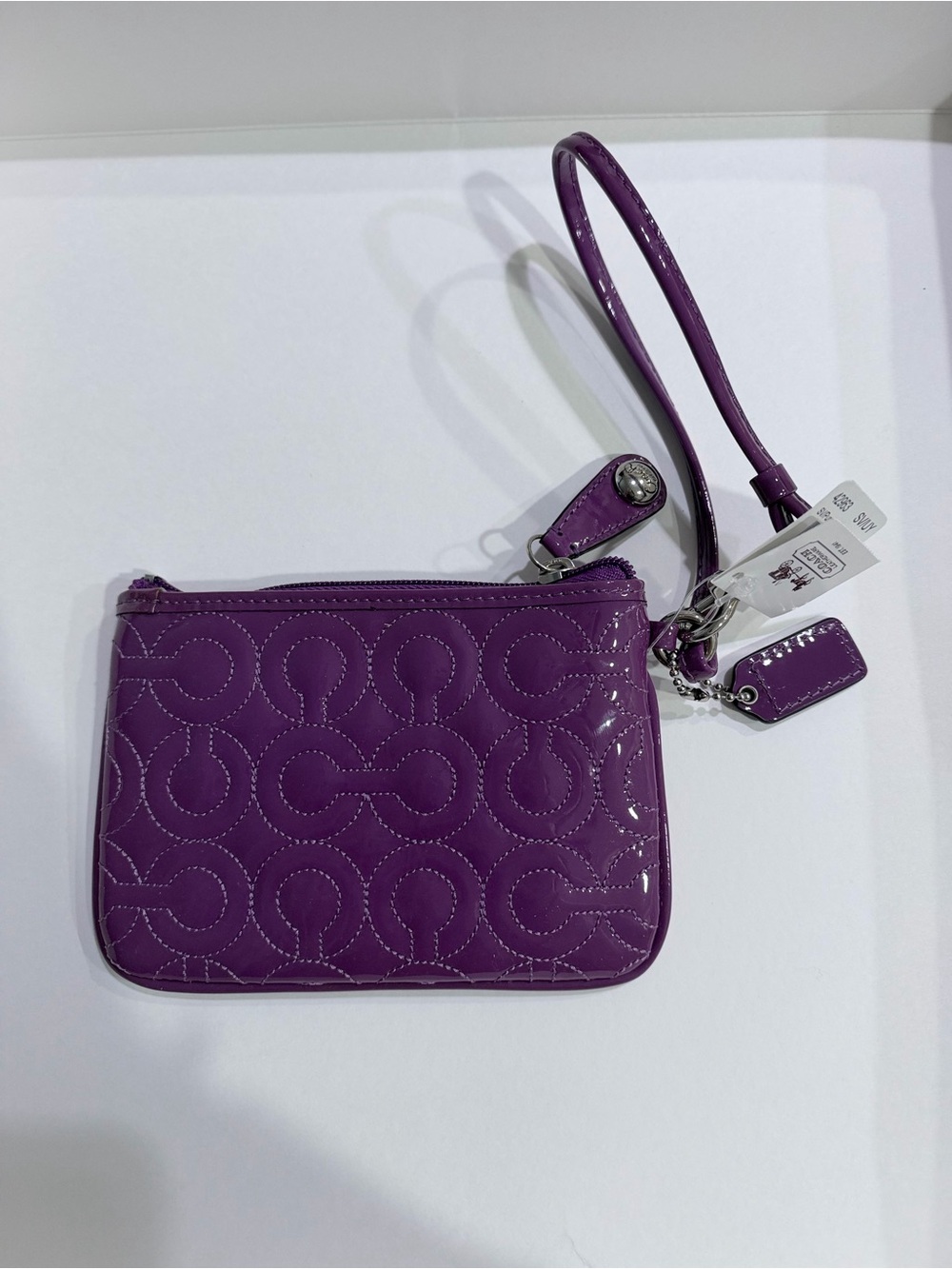 Coach Purple Patent Leather Wristlet with Signature Stitch